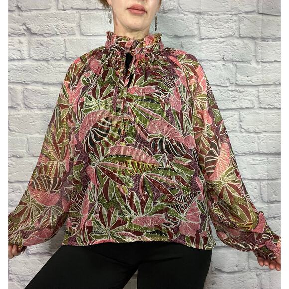 Gorgeous,  Elan Semi Sheer Botanical Print Blouse with Gold Threading - Picture 3 of 8
